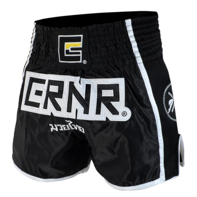 CRNR MUAY THAI SHORTS BLACK WHITE ANGLE