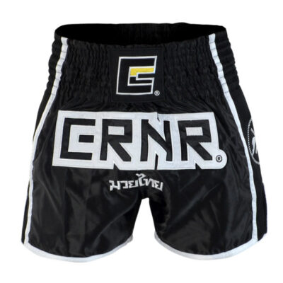 CRNR MUAY THAI SHORTS BLACK WHITE FRONT 600x675