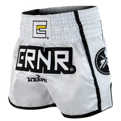 CRNR MUAY THAI SHORTS WHITE   BLACK ANGLE