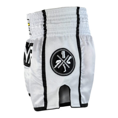CRNR MUAY THAI SHORTS WHITE   BLACK SIDE 1 600x675