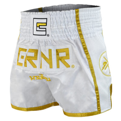 CRNR MUAY THAI SHORTS WHITE   GOLD ANGLE