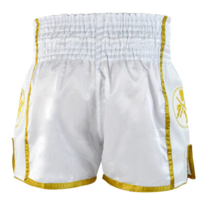 CRNR MUAY THAI SHORTS WHITE   GOLD BACK 600x675